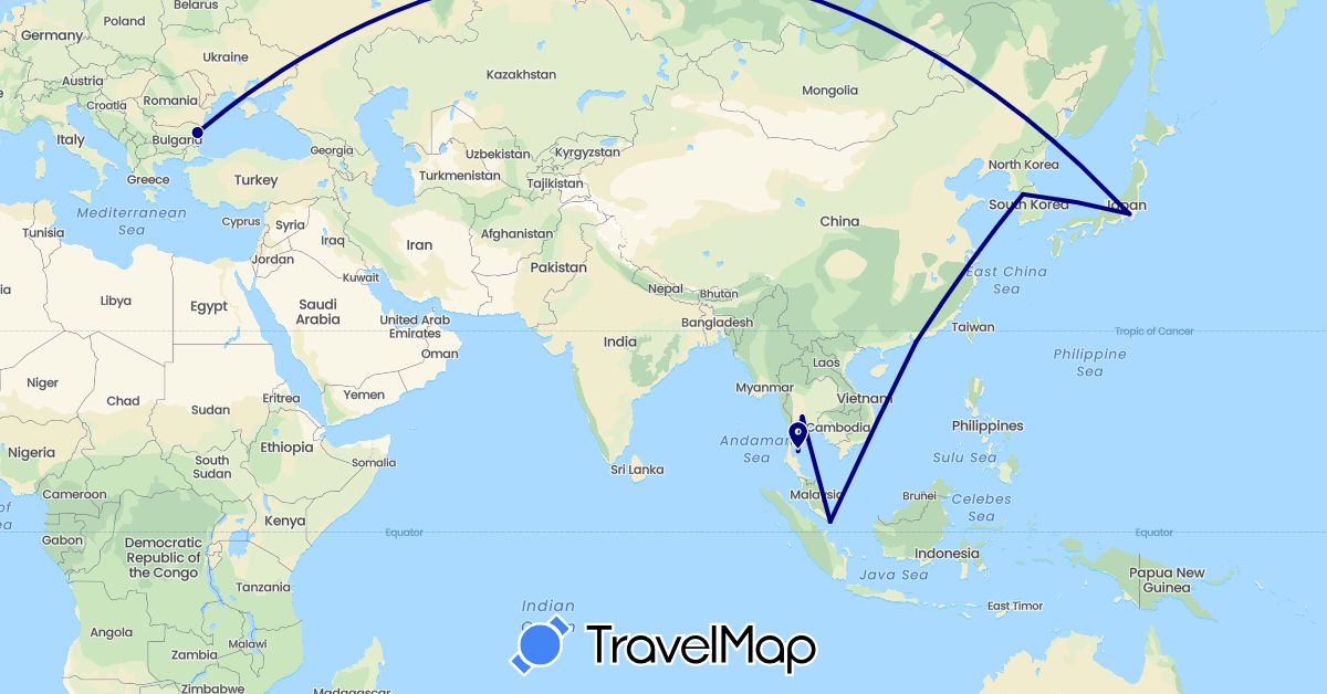 TravelMap itinerary: driving in Bulgaria, China, Japan, South Korea, Singapore, Thailand (Asia, Europe)